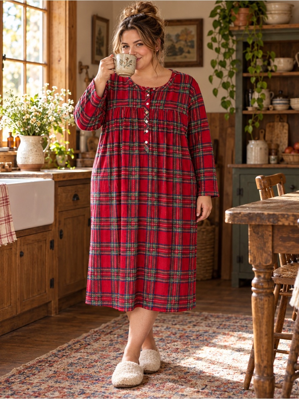 Aria Collection Red Tartan Plaid Long Sleeve Nightgown 2X Cottagecore Cozy Cabin